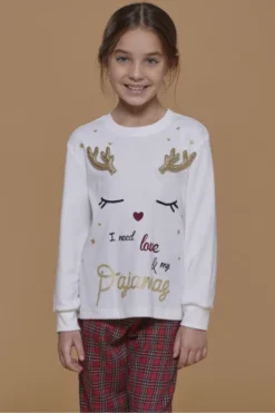 Pigiama Bambina Top Caldo Cotone E Pantaloni Flanella Renna